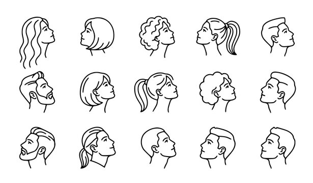 Collection of female and male profile hairstyles showing different haircuts, lengths and styles