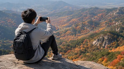 Naklejka premium Male Hiker Photographing Autumn Mountain View with Smartphone
