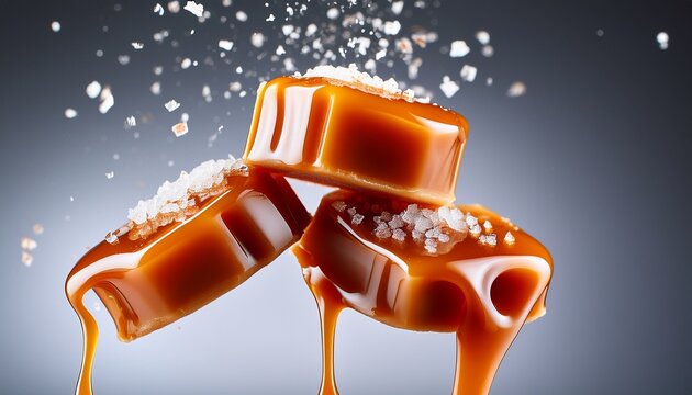 flying salty caramel candy topped with salt crystals and pouring caramel sauce