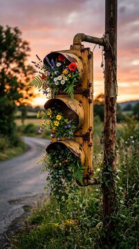Repurposed vintage traffic signal transformed into vibrant wildflower garden at dusk with overflowing colorful wildflowers