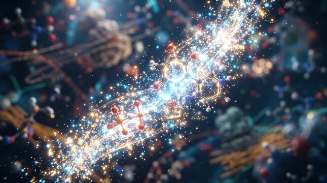 Glowing NAD plus molecule structure floating in a microscopic cellular environment