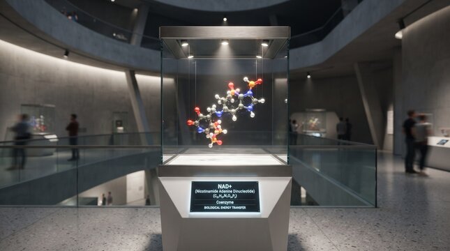 Molecular structure of NAD+ displayed inside a modern museum glass exhibit case