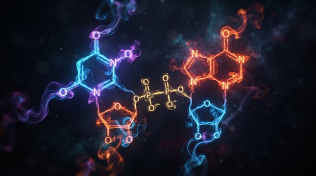 Abstract glowing NAD plus molecule structure with ethereal smoke effects on dark background