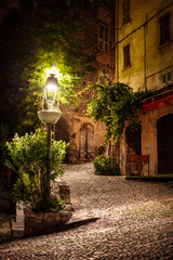 Fototapeta premium Charming cobblestone alley illuminated by a streetlamp in Corte, France, 2024