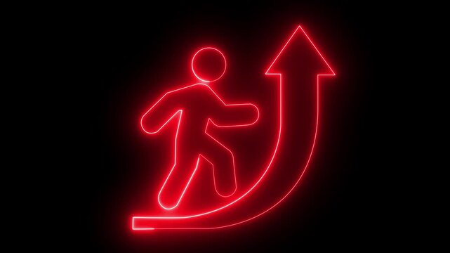 glowing neon man icon with rising arrow animation on black background. Represents business progress, goal achievement, and a journey to success. Success Path Concept, Video.