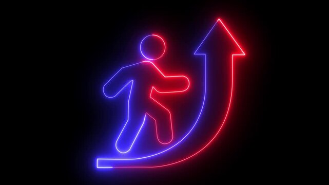 Glowing neon business graph chart concept with man icon on and money bag icon above growing index. Represents business progress, goal achievement, and a journey to success. Success Path Concept, Video