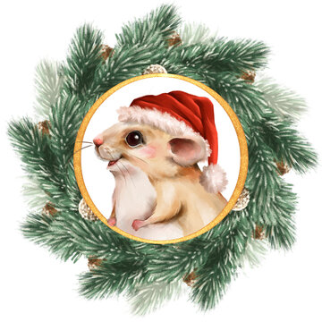 Hand-drawn Illustration of cute mouse in Santa hat, peeking from a Christmas wreath with pine branches, framed by a golden circle