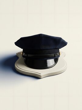 Professional dark peak cap resting on elevated white stand against minimalist background with light toned circular platform under soft studio lighting