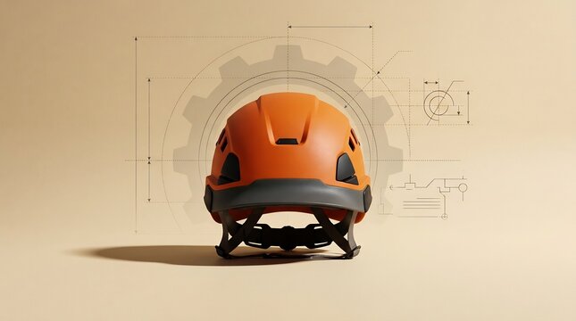 Bright orange safety helmet with industrial gear diagram overlay on neutral background with illustrations measurement annotations