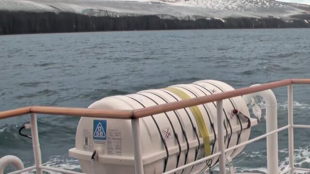 Gaze from a ship's deck railing at the Arctic Ocean's vast, cold beauty. The vessel cuts through blue waters, passing distant, snow-dusted shores.