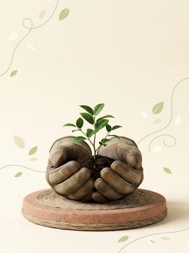 Illustrated concept of growth emerging from protective work gloves cradling soil with depicts whimsical illustration