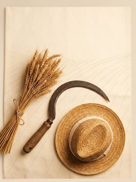 Rustic harvest tools and wheat bundle arranged on textured fabric background with presents carefully arranged composition traditional wooden sickle