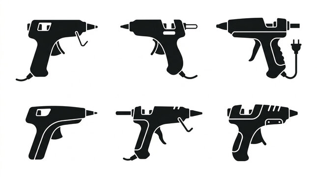 Black silhouette illustrations of hot glue guns in various positions