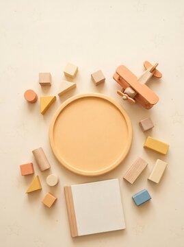 Playtime essentials wooden blocks plane and circle tray on neutral textured surface with textured neutral background warm inviting creative play setup