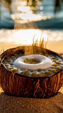 Tropical fruit dessert served in a coconut shell on a sandy beach at sunset