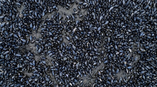 Mussel shell bed low tide abstract - blue-black oval mosaic pattern overhead, High-Resolution Travel and Nature Stock Photo.