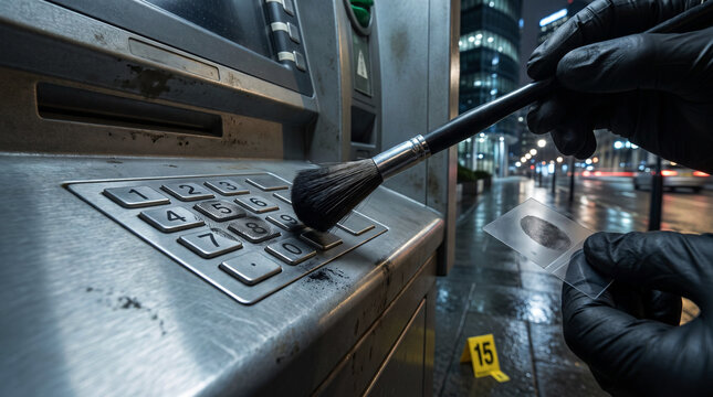 Forensic investigator dusting fingerprints from an ATM keypad at a nighttime crime scene, collecting latent fingerprint evidence for criminal investigation and forensic analysis