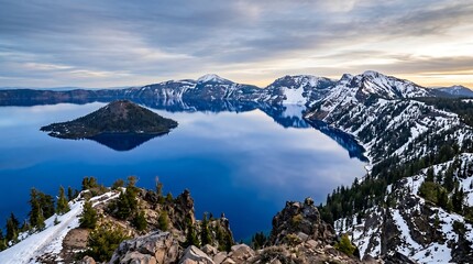 Obraz premium Crater Lake Oregon vivid cobalt blue water with Wizard Island and ring of snow-capped rim.