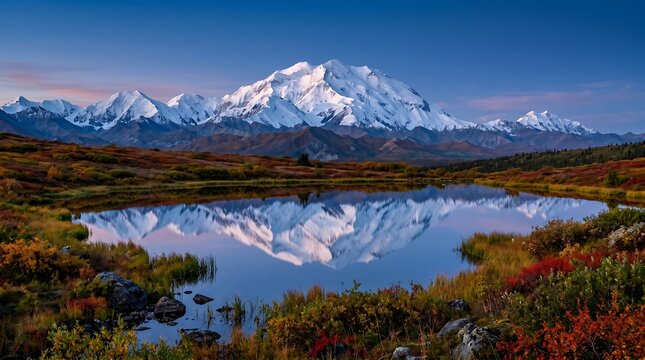 Denali National Park Alaska with Denali peak reflected in tundra pond, autumn colors, Ultra High-Definition Background Stock Image.