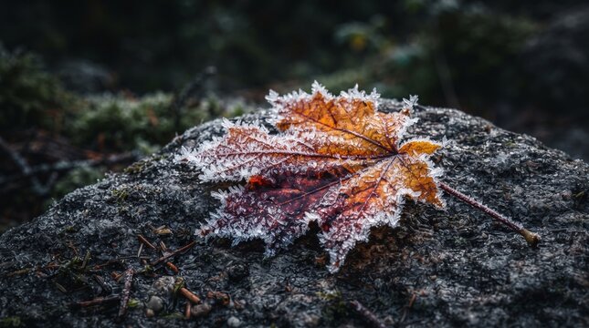 Frost Covered Autumn Leaf Macro in Early Winter Transition