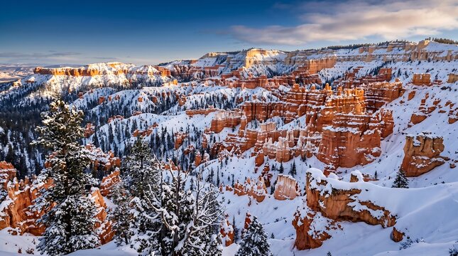 Bryce Canyon Utah hoodoo spires orange and white in fresh winter snow dusting, Ultra High-Definition Background Stock Image.