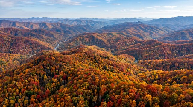 Great Smoky Mountains Tennessee in fall foliage - layers of orange, red, gold canopy from above, Professional Editorial Nature Photograph.