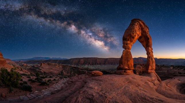 Arches National Park Utah Delicate Arch at dusk with Milky Way appearing above arch, Professional Editorial Nature Photograph.
