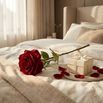 Romantic gift with a red rose on a cozy bed in a sunlit bedroom