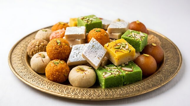 Assorted Indian sweets arranged on a decorative brass plate for festive celebrations and traditional dessert service
