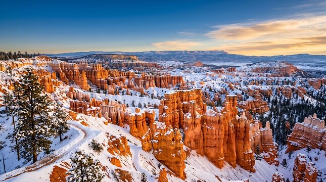 Bryce Canyon Utah hoodoo spires orange and white in fresh winter snow dusting, High-Resolution Travel and Nature Stock Photo.