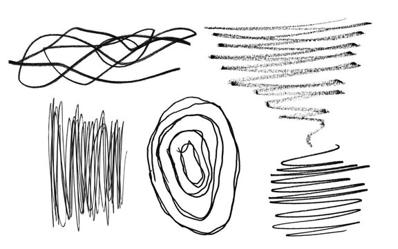 Black Hand Drawn Pencil Scribbles and Abstract Line Textures Set Isolated on Transparent Background PNG