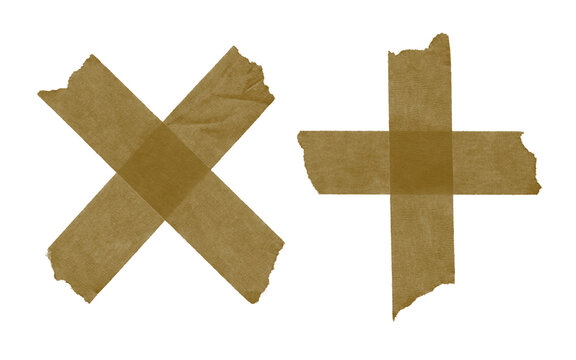 Brown adhesive masking tape X and plus cross symbols isolated on transparent background PNG.
