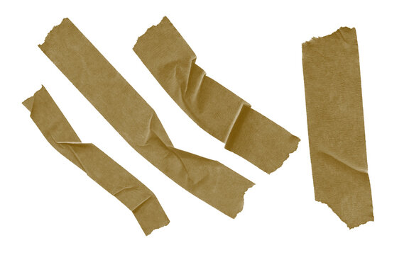 Set of Brown Adhesive Masking Tape Pieces Isolated on Transparent Background PNG Cutout
