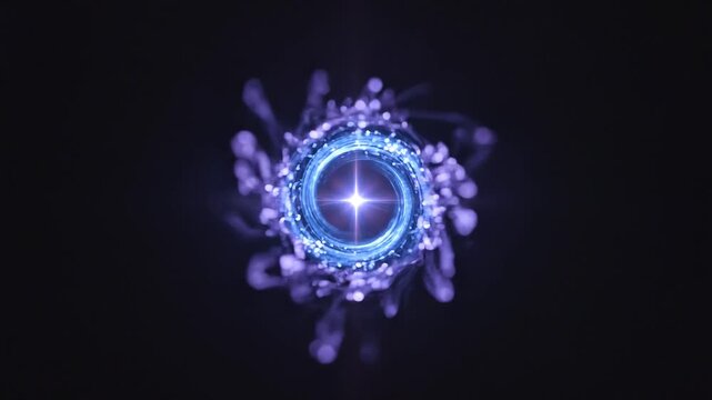 Glowing spiral energy tunnel and central star in abstract 3D sci-fi style, neon blue and dark purple colors, magical cosmic portal representation or futuristic video background with copy space