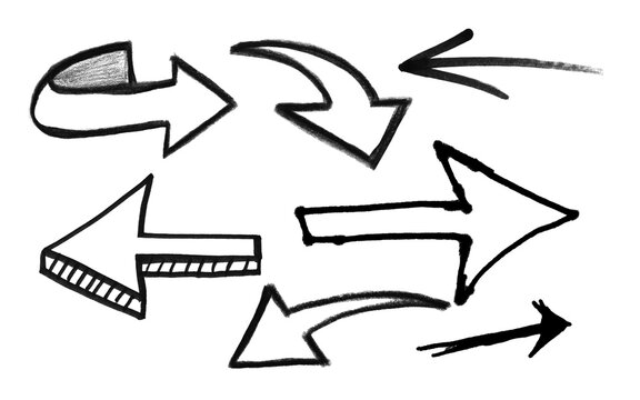 Hand drawn doodle arrows set on transparent background, isolated cutout PNG illustration