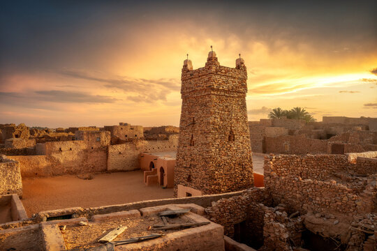 Ancient stone minaret and mud brick architecture in Chinguetti Mauritania 2025