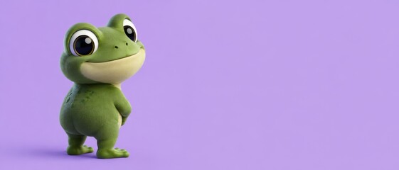 Naklejka premium Cute 3D cartoon frog with a cheerful smile on a bright purple background. Banner format. Copy space