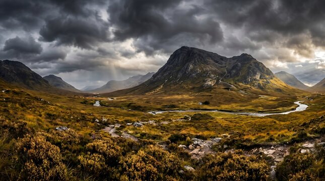 Scottish Highlands Glencoe valley with dramatic storm clouds and golden heather moorland, Ultra High-Definition Background Stock Image.