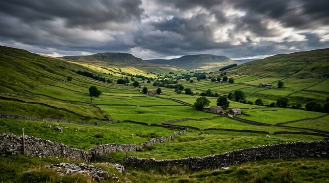 Yorkshire Dales dry stone walls criss-crossing emerald green meadows in summer, Professional Editorial Nature Photograph.