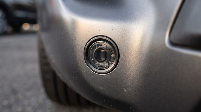Close-Up of a Modern Car Parking Sensor on a Metallic Bumper, Automotive Proximity Detection Technology for Vehicle Safety, Parking Assistance and Smart Transportation