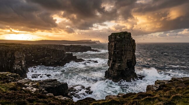 Scottish Orkney dramatic cliff sea stack at storm-lit Atlantic with seabirds, High-Resolution Travel and Nature Stock Photo.