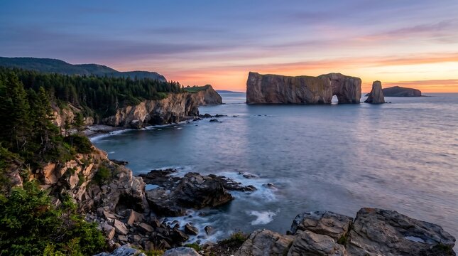Gaspesie Quebec Perce Rock offshore at sunrise with wild coastline.