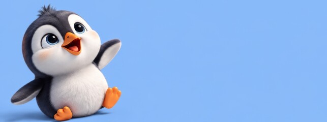 Obraz premium Adorable 3D animated penguin baby with big eyes on a clean blue background in banner format.