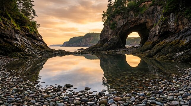 Fundy Trail New Brunswick sea cave at low tide with cobble beach, Premium Nature Stock Photography Capture.