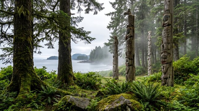 Haida Gwaii BC ancient totem poles in coastal rainforest with ocean mist, Ultra High-Definition Background Stock Image.