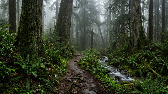 Vancouver Island Pacific Rim old-growth rainforest trail with mist and ferns, Ultra High-Definition Background Stock Image.
