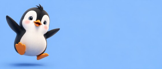 Fototapeta premium Adorable 3D animated penguin baby with big eyes on a clean blue background in banner format.