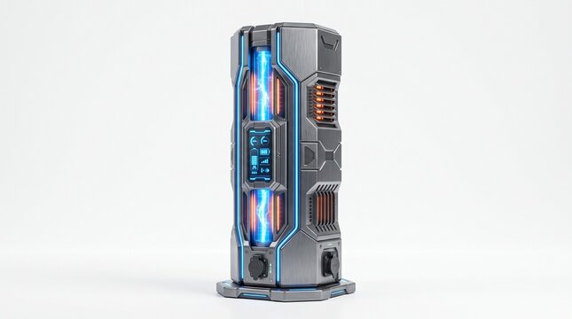 Futuristic high-capacity energy storage unit with glowing blue LED technology and sleek metallic design