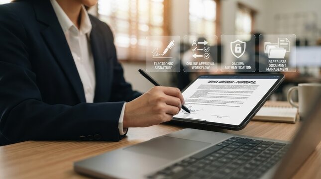 Business professional signing digital contract on laptop with electronic signature interface
