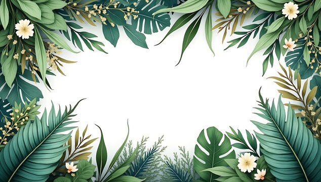 Tropical jungle leaves and flowers frame border with exotic plants and botanical foliage